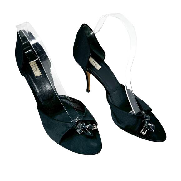 Prada Vintage Black Satin Peep Toe D’Orsay Pumps with Buckle Detail EU 40 US 10 - Picture 1 of 8